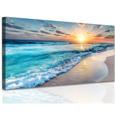  Plage, reproduction d'art sur toile, coucher de soleil côtier, peinture océanique moderne, plage sereine bleue, œuvre d'art, scène d'été vibrante, décoration murale pour le salon, la chambre et le bureau, 16 x 32 pouces