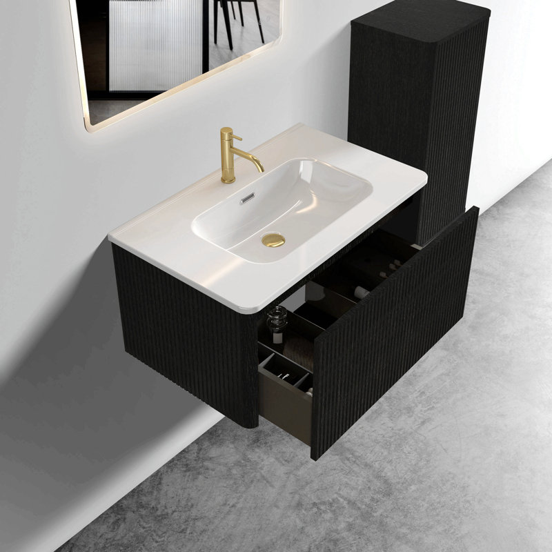 Meuble-lavabo de 30 po avec pieds en métal, avec lavabo en céramique, deux portes d'armoire à fermeture douce, bois massif, sans les robinets