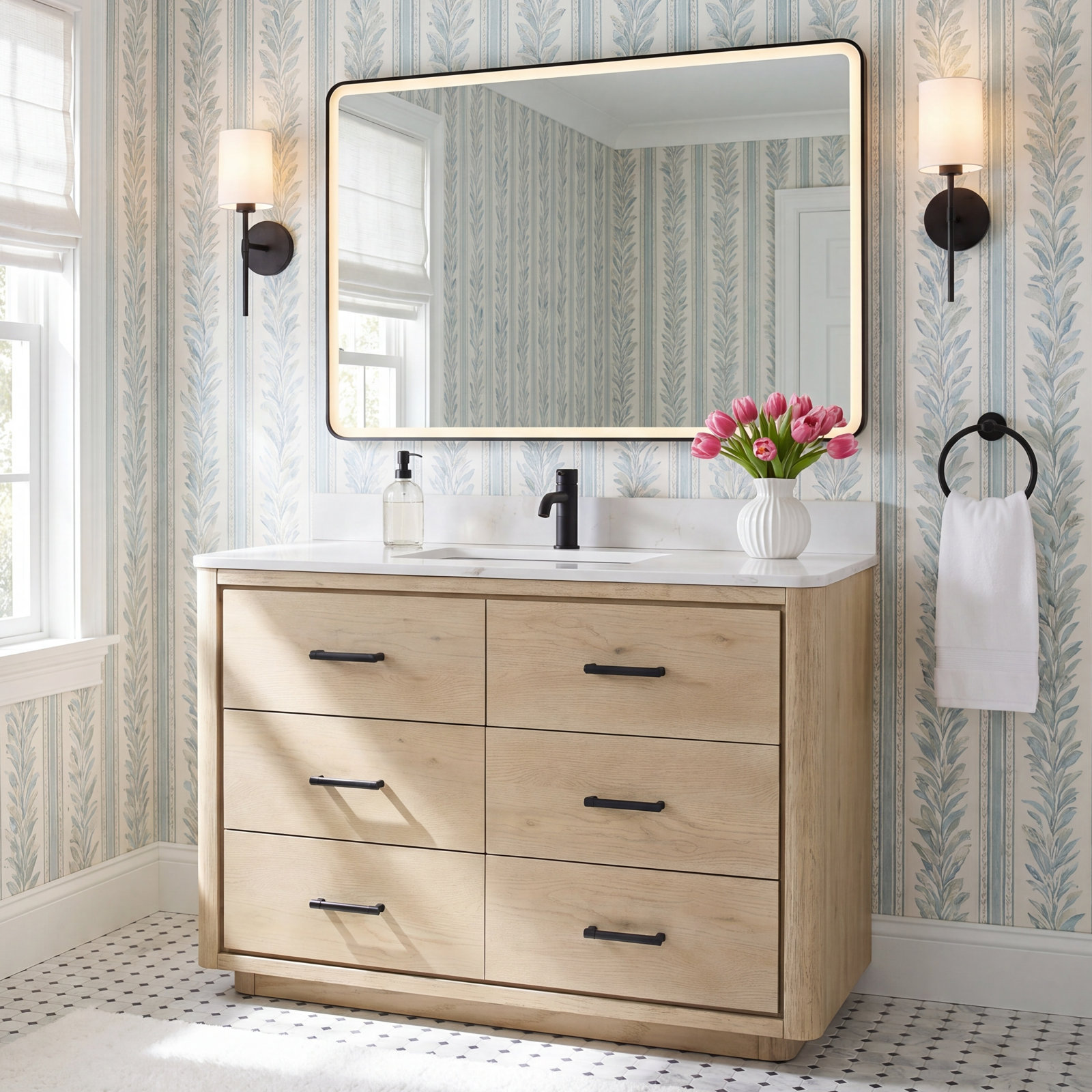 Porto 48'' Single Bathroom Vanity, Natural, Matte Black