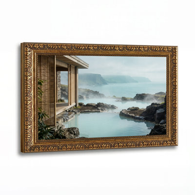 Tableau sur toile représentant une piscine géothermale turquoise avec des falaises océaniques brumeuses