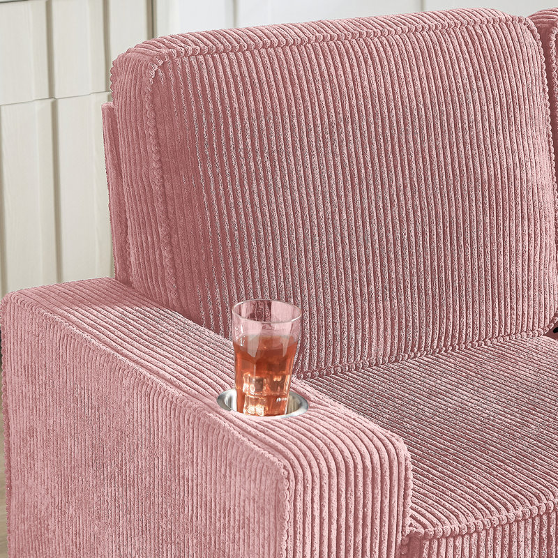 83.86 Corduroy Fabric Sofa, Modern 3-Seater Couch With Built-In Cup Holders, Durable And Pet-Friendly, Pink