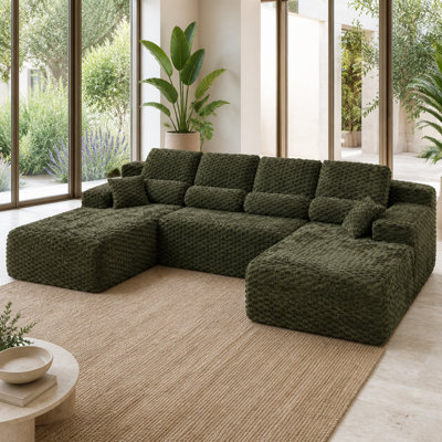 Canapé modulaire en forme de U en peluche 137,8 po vert foncé avec coussins double couche