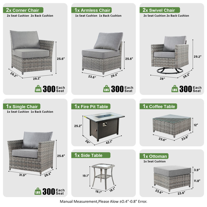 Ignatz 10 - Piece Patio Furniture Set With Cushions, Gray