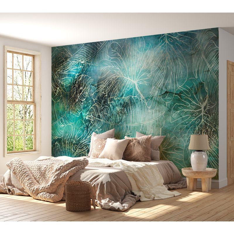 Papier peint botanique - Végétation turquoise, L 124 po x l 177 po