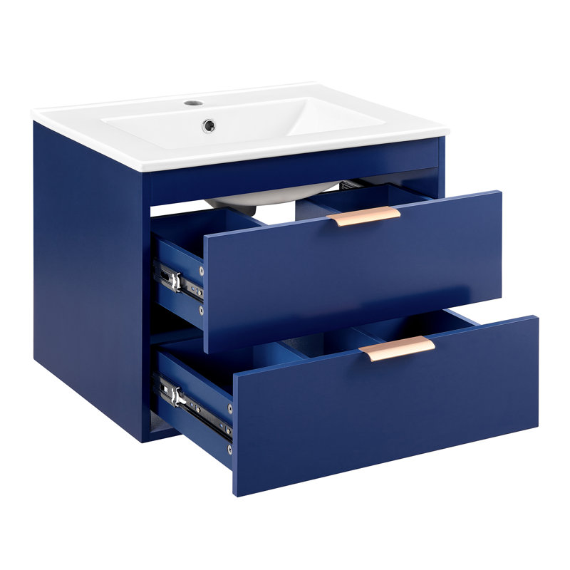 24" Floating Wall Mounted Ferryhill Vanity With White Ceramic Sink And Drawer Storage
