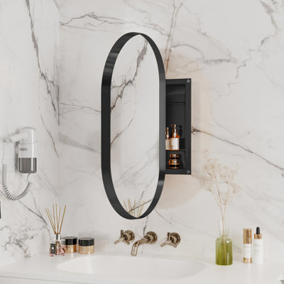 Armoire murale de salle de bain 20 po x 34 po, ovale encastrée, cadre en métal noir mat avec miroir et tablettes réglables, unité de rangement ovale facile à installer, unité fonctionnelle