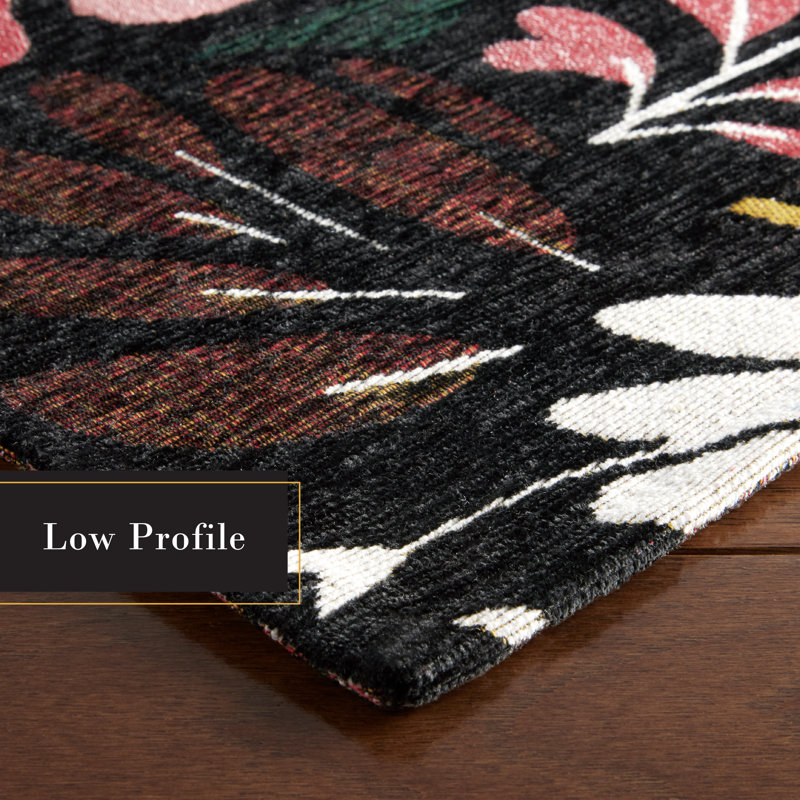 Town & Country Living Livie Floral Drip Everwash Washable Multi-Use Non-Slip Backing Decorative Rug, Black, Runner 2' x 6'