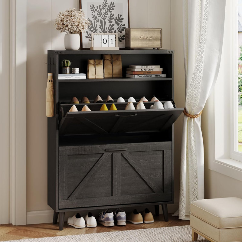 Freestanding Shoe Cabinet With Flip Drawers And Open Storage, Farmhouse Style Entryway Organizer, Narrow Shoe Rack With Legs For Hallway Or Foyer