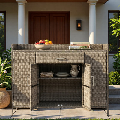 Outdoor Weather-proof Rattan Storage Cabinet With Tempered Glass Desktop, Large Drawer And Adjustable Shelves