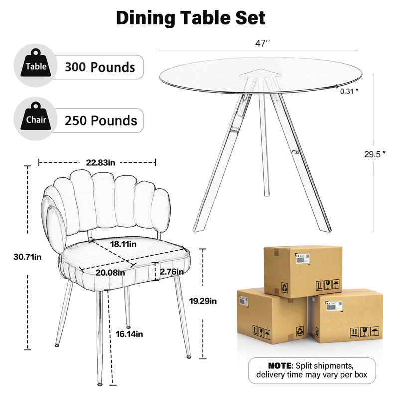 Round Glass Dining Table Set, Black, 39inch, 5 Pieces: Table, 4 Chairs