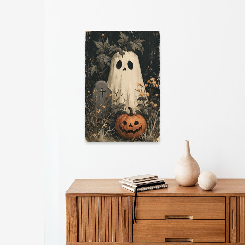 Affiche murale automnale vintage rustique avec citrouille fantôme d'Halloween, H 24 po x l 16 po