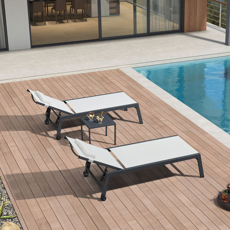 Outdoor Oversized Patio Chaise Pool Lounger Aluminum Frame With Side Table And Wheels, White