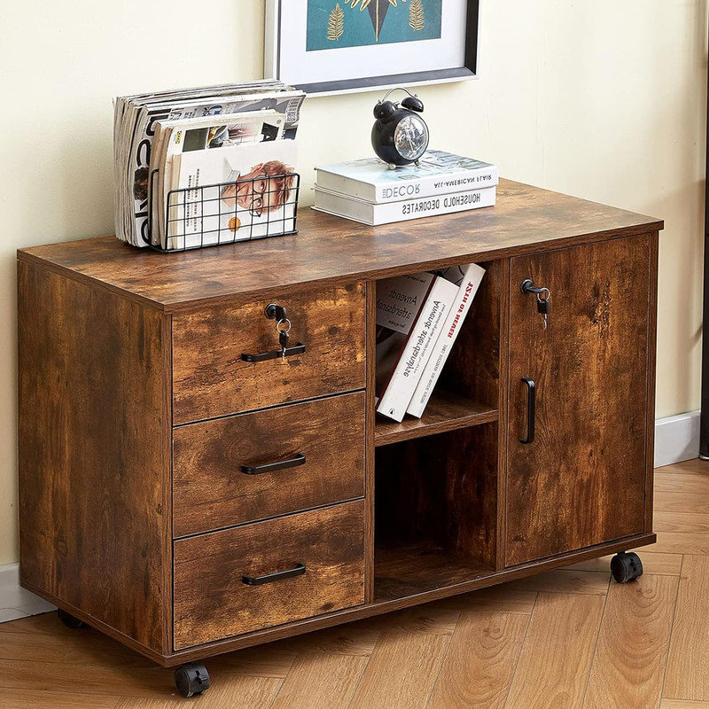 Rustic Brown Mobile Office Cabinet w/ 3 Drawers(1 Lockable),Under Desk Rolling Lateral File Cabinet