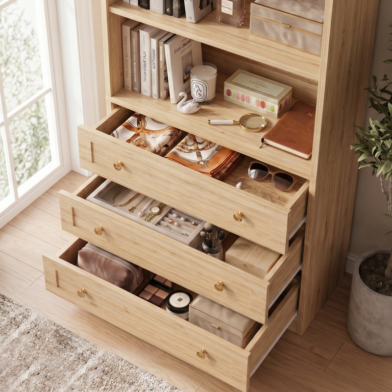 Bibliothèque moderne avec 3 tiroirs et 3 tablettes ouvertes, Brown