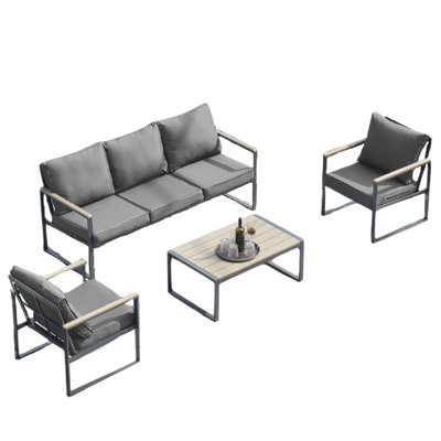 Modern 4 Outdoor Patio - Aluminium Frame, Grey Cushions, For Garden & Poolside Use Garden, Courtyard Space Saving