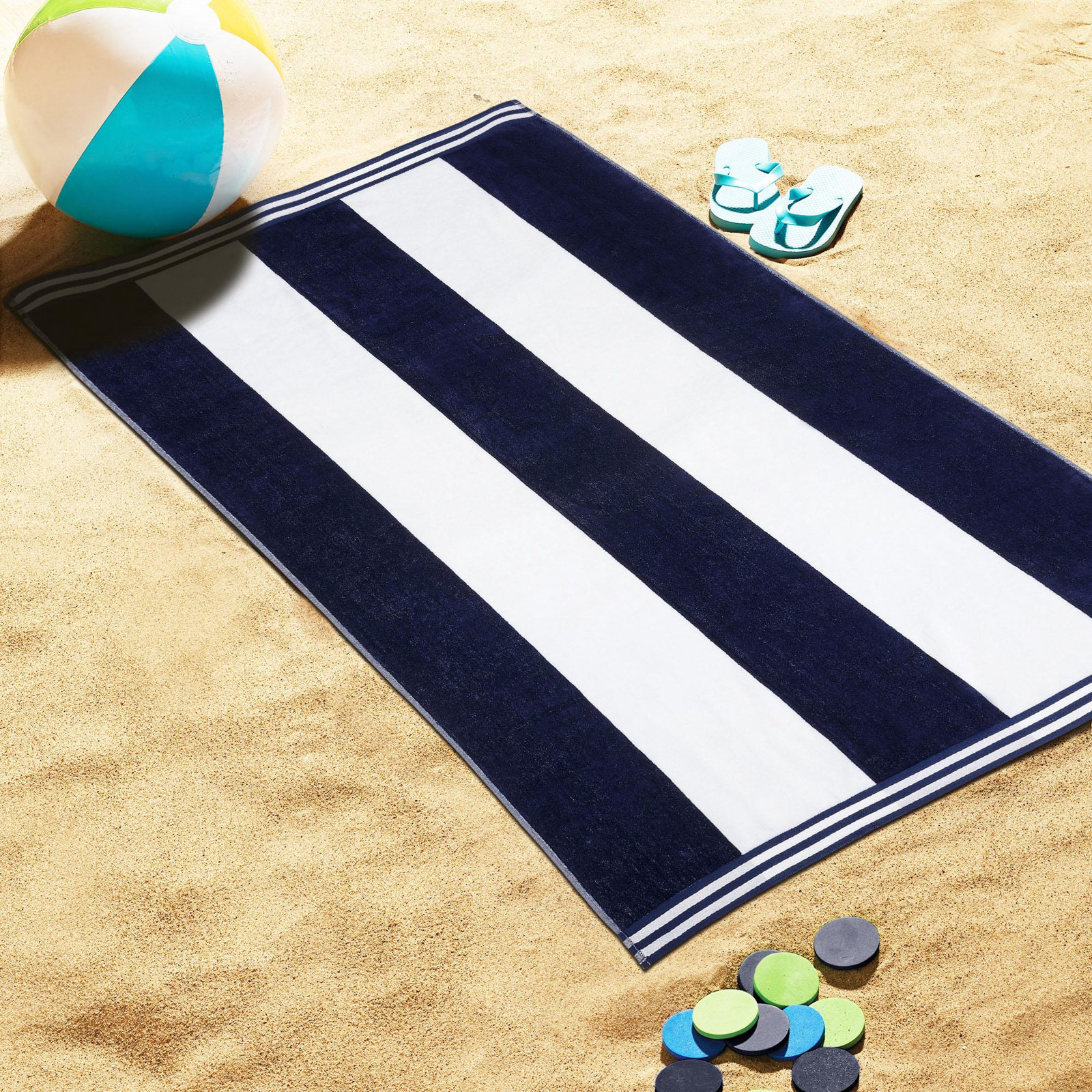 Calheta Cotton Oversized Cabana Stripe Beach Towels, Blue, 1
