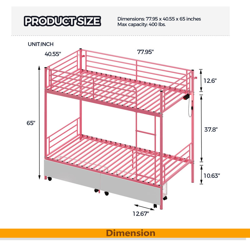 Lit superposé avec station de charge USB, capable de se séparer, lit superposé en métal, espace de rangement, lit avec barrière de sécurité et échelles, aucun sommier nécessaire