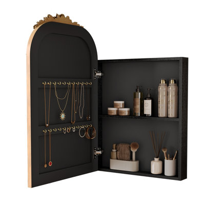Vintage Medicine Cabinet Mirror with Storage，Arch Bathroom Wall Mount Mirror Cabinet with Carved Top