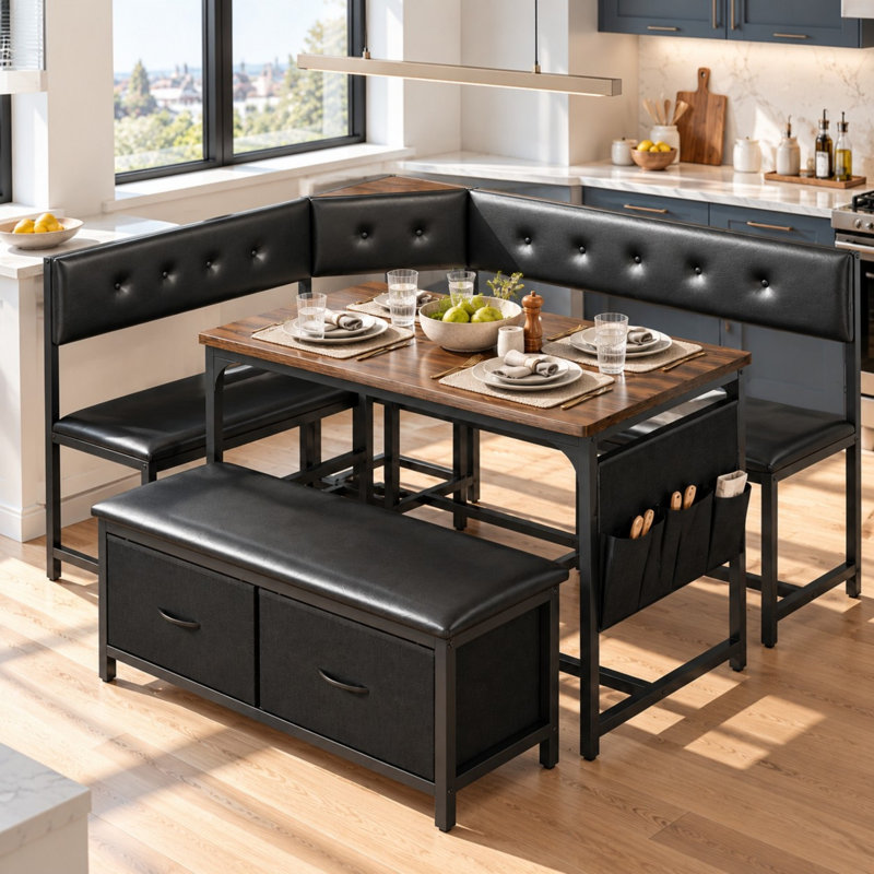 Ensemble de salle à manger de coin 3 pièces avec assise moelleuse, ensemble de table de coin de coin déjeuner avec rangement caché, chaises de cuisine en forme de L noires