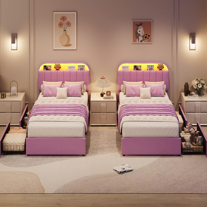 Lit plateforme simple tapissier simple avec lumières DEL, tête de lit avec rangement et 2 tiroirs, aucun sommier nécessaire, mauve