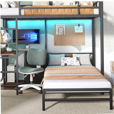 Bunk Bed with Folding Table, 3 storage drawers, made of metal, suitable for a single bed, equipped with LED lights and charging stations, bunk bed with safety railings and ladder, space-saving, black.