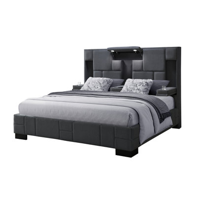 Dark Gray King Panel Bed With Fold - Down , Wireless Charging Station, Led Reading Lights And Built In Speakers For Bedroom Reconceptualization Contemporary Repositioning