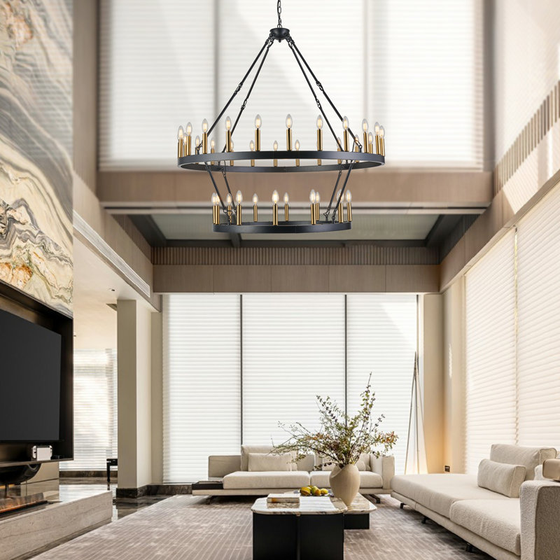 Vilmos 36 - Light Dimmable Wagon Wheel Chandelier, Matte Black/Brushed Brass, 50" W