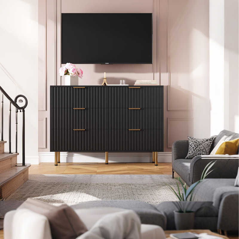 Commode cannelée 47,2 "à 6 tiroirs pour chambre à coucher, tiroirs profonds, Noir