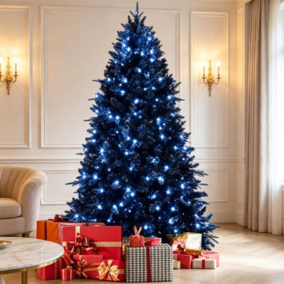 Sapin de Noël artificiel noir pré-illuminé de 2,4 m (8 pi), 2486 branches, support articulé avec 600 lumières DEL blanches et pied en métal, décoration pour l'Halloween et les fêtes de fin d'année