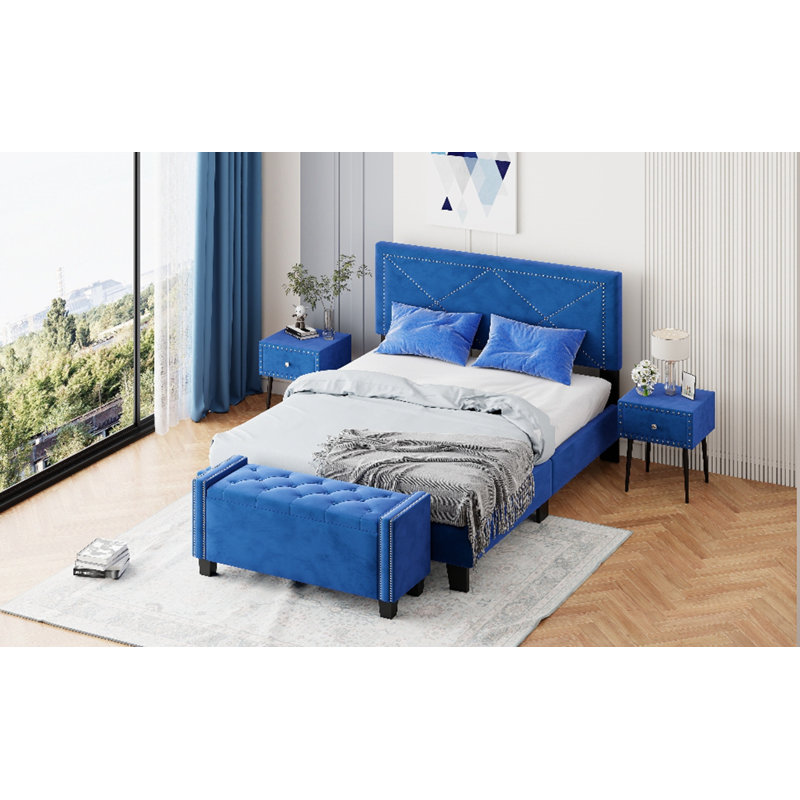 Jonoah Solid Wood+MDF Bed, Blue