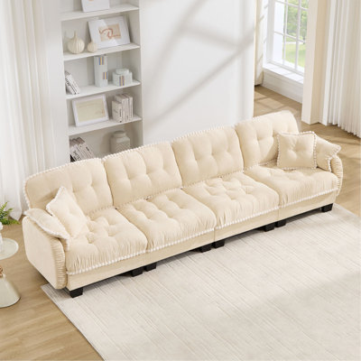 Chenille Cloud 4-Seater Sofa with 4 Pillows, Pom-Pom Trim Quilted Tufted Cushion Ergonomic Design, Easy Assembly Deep Seat Couch, Apartment