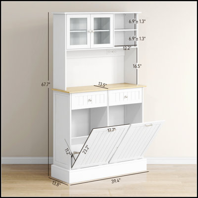 68" Kitchen Pantry Storage Cabinet with Charging Station, 2 Tilt Out Trash Cabinets and Microwave Stand, Freestanding Kitchen Hutch with Glass Doors a