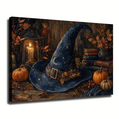 Blue Witch Hat With Moon And Star Patterns, Pumpkins And Stacked Antique Books, Rustic Fall Halloween Canvas Wall Art Decor