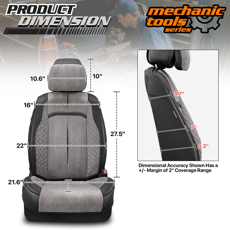 Voris Series Front Seat Covers With Headrest, Airbag Compatible, Reserved Opening Holes, Universal Fit For Cars, Black/Gray