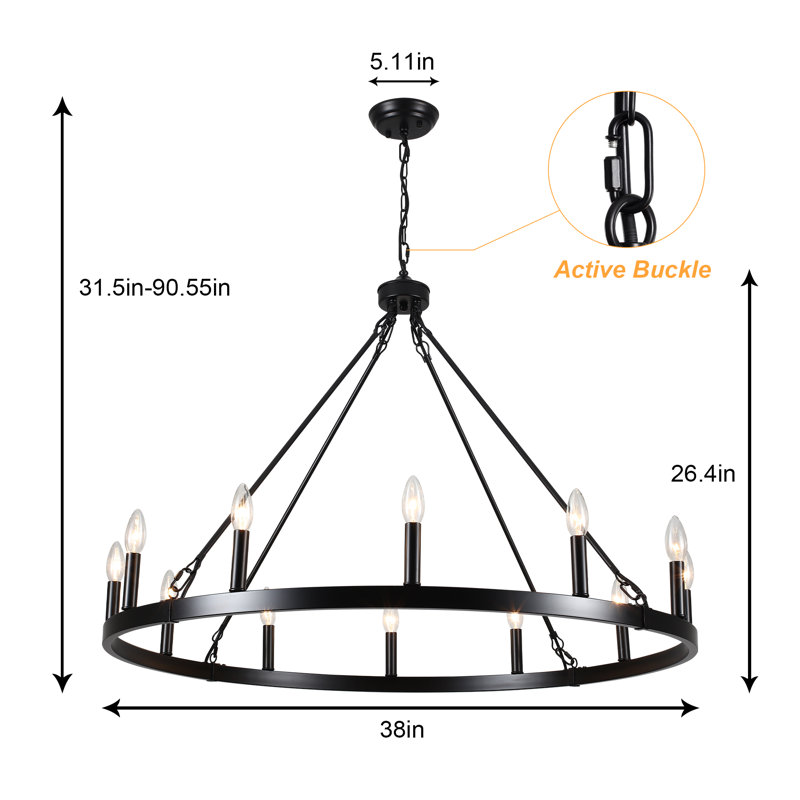 Dineen 12 - Light 38" Wide Candle Style Dimmable Wagon Wheel Chandelier, Matte Black