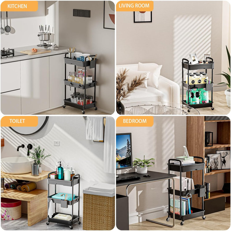 Black 3-Tier Rolling Utility Cart with Drawer and Handle