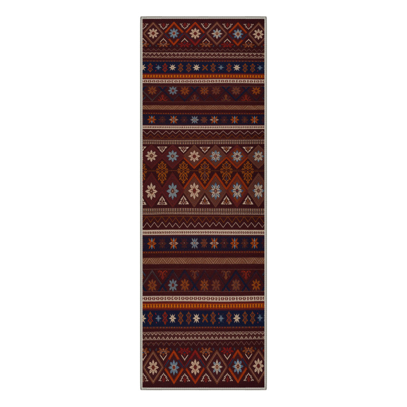 Geometric Floral Machine Washable Mink Brown Indoor Area Rug With Non-Slip Backing, Runner 2' x 7'