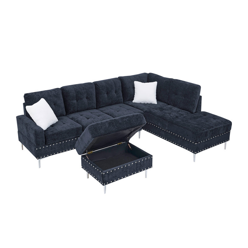 Canapé modulaire 3 places avec méridienne, repose-pieds avec rangement, pieds en métal et clous en cuivre, deux coussins