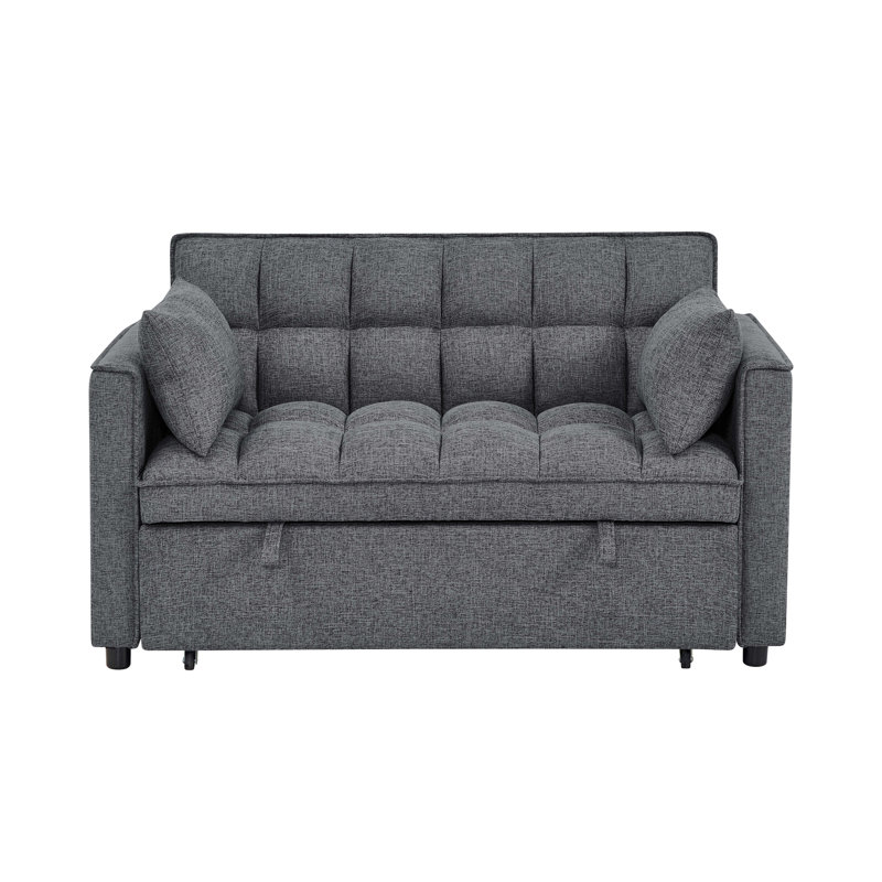 Convertible, siège gris à 2 places avec dossier pliable, extension de chaise longue et rangement latéral pour les télécommandes, petits espaces invités convenables dans les appartements