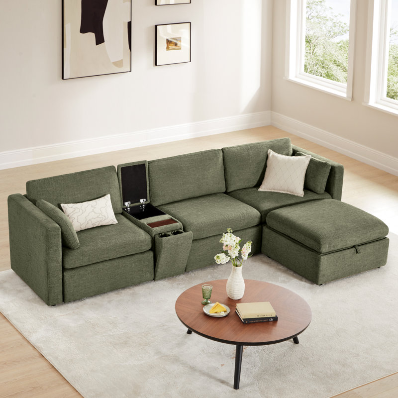 Canapé modulaire 4 pièces avec console Winfree, Polyester vert mousse