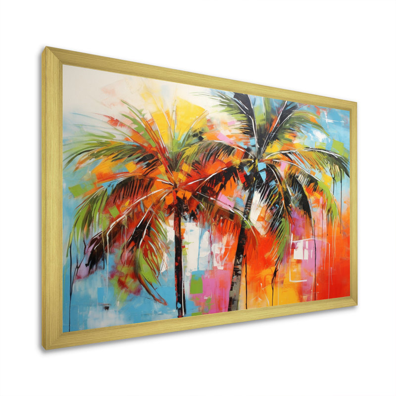 «Popart Palm Trees I», reproduction d'art sur toile Palm Trees, H 30 po x l 40 po x P 1,5 po, Cadre doré simple