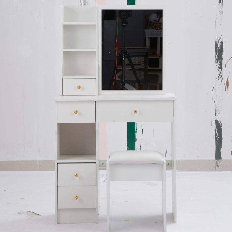 Table de coiffeuse compacte avec miroir à DEL et tiroirs de rangement - Table à langer avec tabouret rembourré, Beige