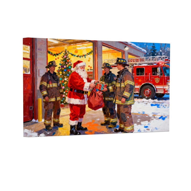 Noël, le père Noël visite la caserne des pompiers avec des cadeaux, H 12 po x l 18 po