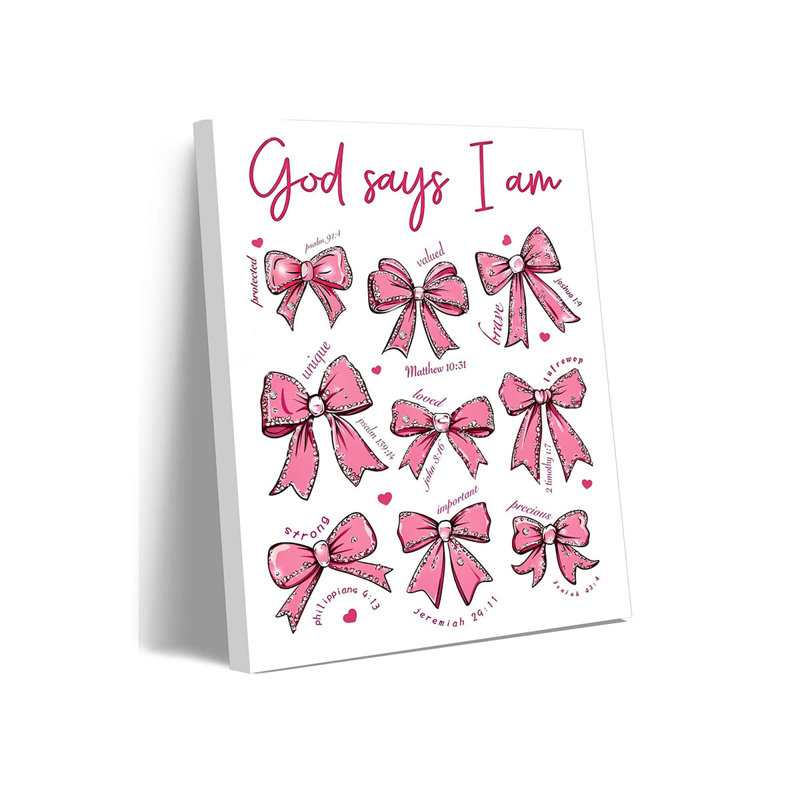 Pink Bow Wall Art, 12X16 Inch Canvas Print, Cute Coquette Butterfly Bow Picture With Pink Diamonds, Inspirational Christian Scripture Quotes For Bedroom, Bathroom, Teen Room Decor