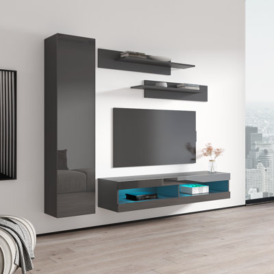 85" Modern Floating Wall Mounted Entertainment Centre with 16-Colour LED Lighting, High Gloss Finish