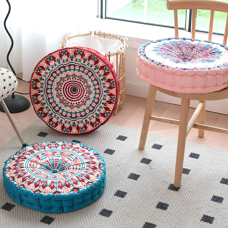Round Bohemian Tatami Seat Cushion, Navy/Beige