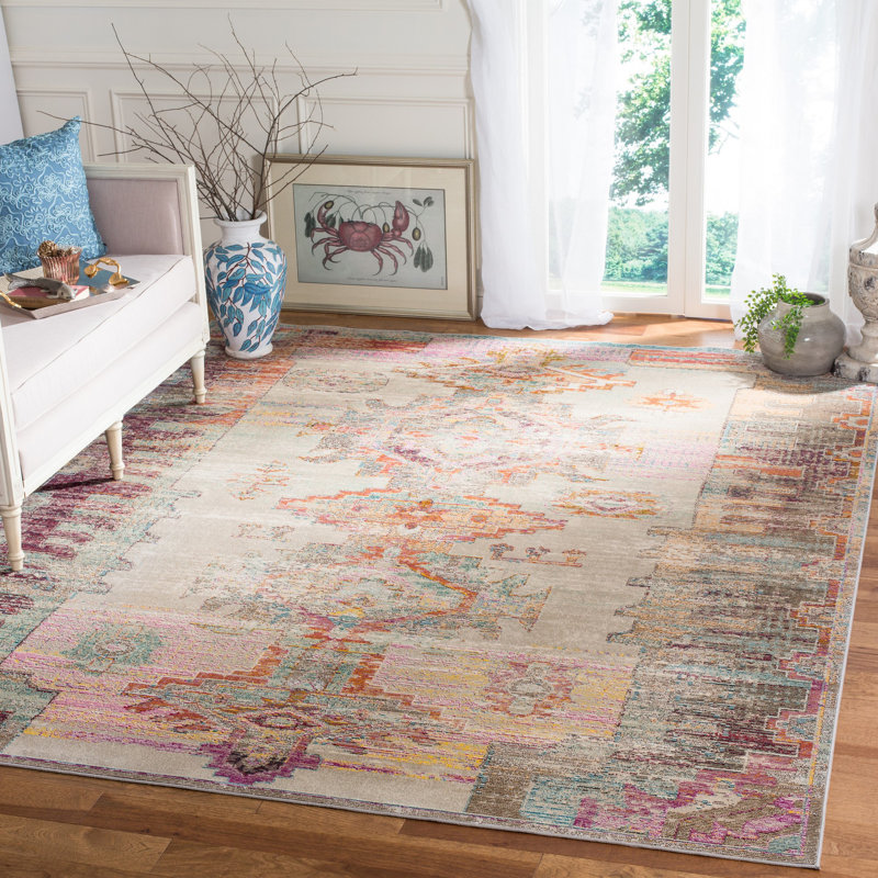 Tapis gris pâle / mauve de style Sud-Ouest Aliesha-May, Rectangle 6 pi 7 po x 9 pi 2 po