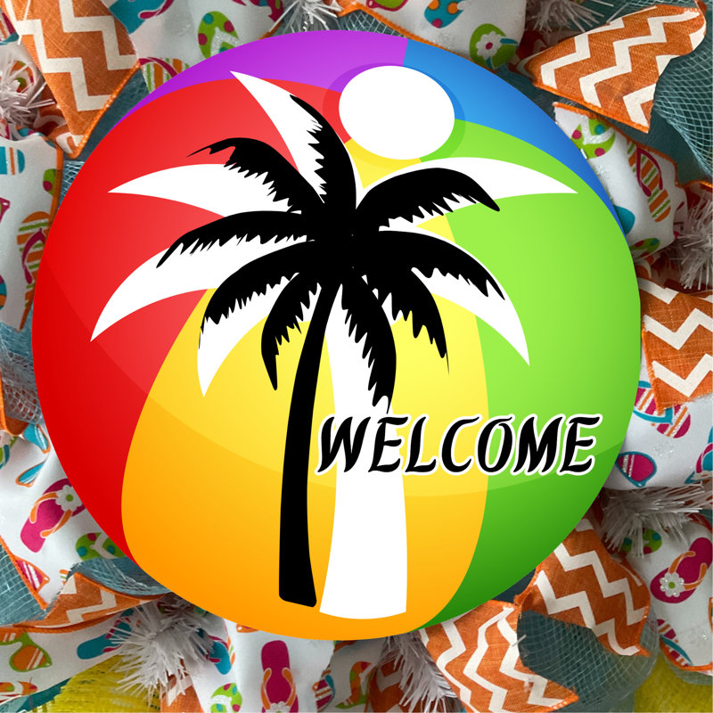 Palm Tree Welcome Summer Wreath with Beach Ball Handmade