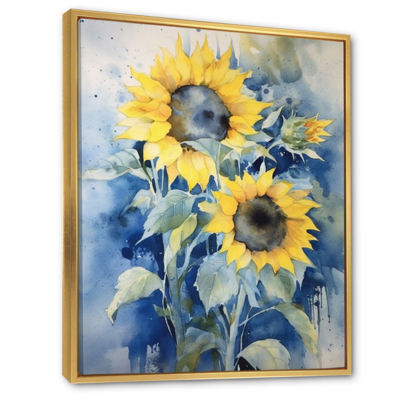 Jaune, bleu, tournesol doré, impression sur toile florale, Cadre flottant doré, H 32 po x l 24 po x P 1 po