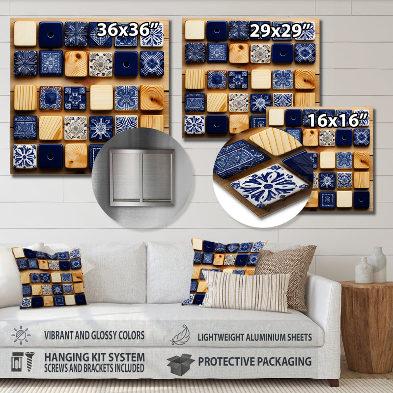 Boho Blue Colors Tiles - Boho Tiles, art mural en métal, H 16 po x l 16 po